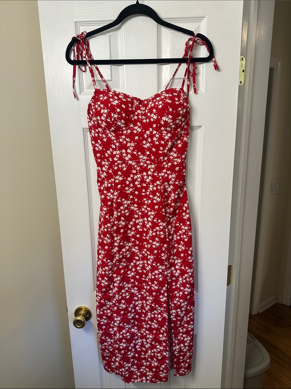Red Floral Tie-Shoulder Midi Dress